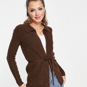ASOS Chocolate Brown Ribbed Tie Cardigan